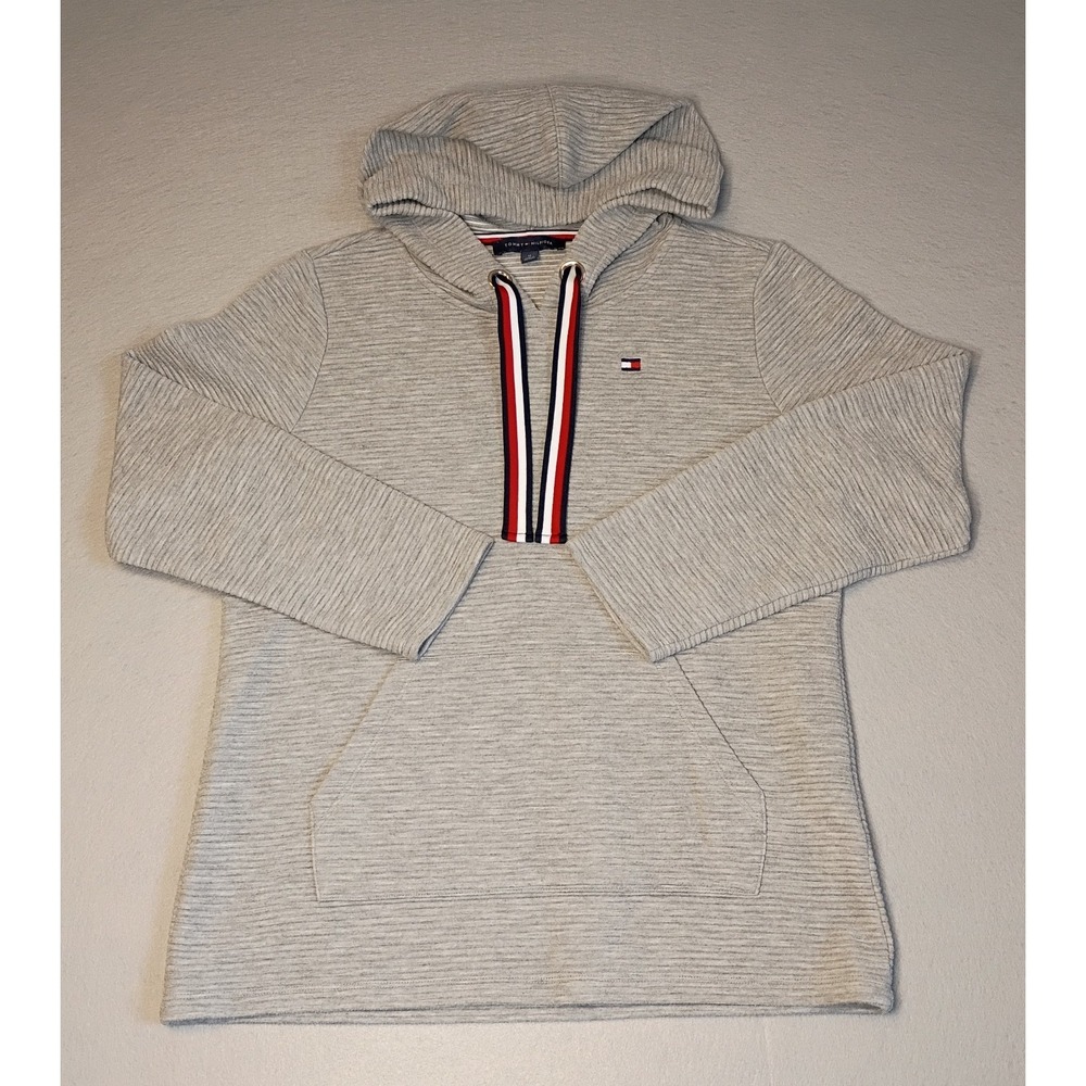 Tommy Hilfiger Women's Gray Ribbed Oversize Pullover Hoodie Ribbon‎ Size M